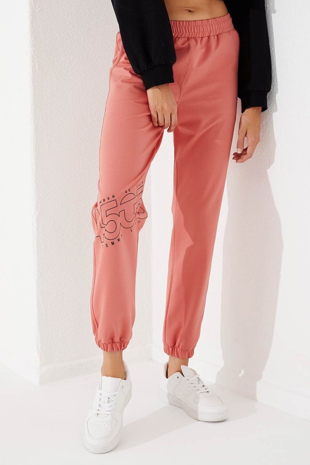 Women's High Waisted Text Printed Powder Tracksuit Bottom - 94575