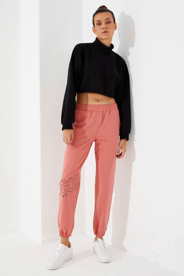 Women's High Waisted Text Printed Powder Tracksuit Bottom - 94575