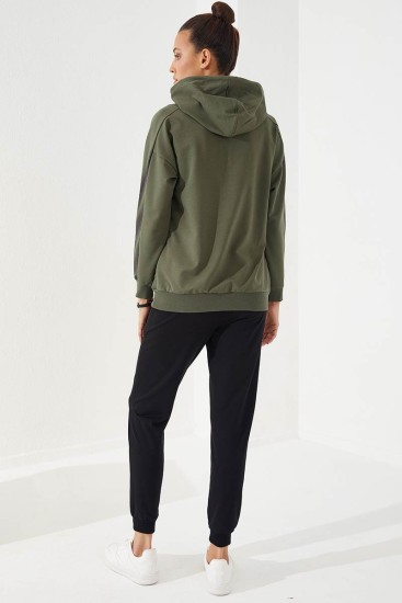 Women's Hooded Embroidered Jogger Khaki-Black Tracksuit - 95260 - Thumbnail