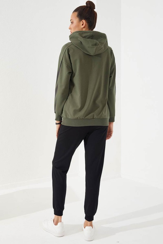 Women's Hooded Embroidered Jogger Khaki-Black Tracksuit - 95260