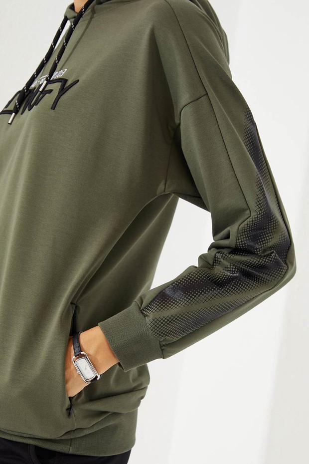 Women's Hooded Embroidered Jogger Khaki-Black Tracksuit - 95260