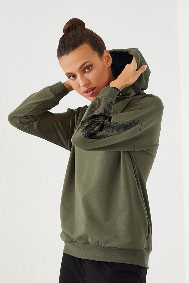 Women's Hooded Embroidered Jogger Khaki-Black Tracksuit - 95260