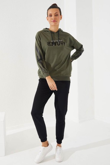 Women's Hooded Embroidered Jogger Khaki-Black Tracksuit - 95260 - Thumbnail