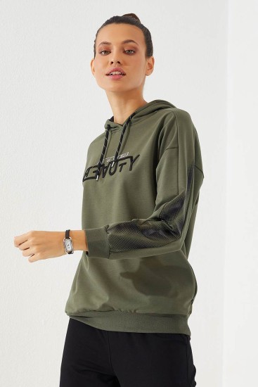 Women's Hooded Embroidered Jogger Khaki-Black Tracksuit - 95260 - Thumbnail
