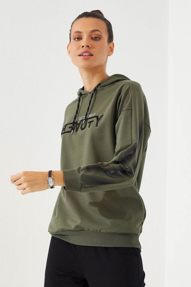 Women's Hooded Embroidered Jogger Khaki-Black Tracksuit - 95260