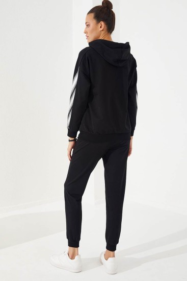 Women's Hooded Jogger Black Tracksuit - 95260 - Thumbnail