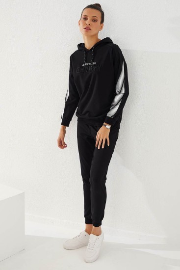 Women's Hooded Jogger Black Tracksuit - 95260 - Thumbnail