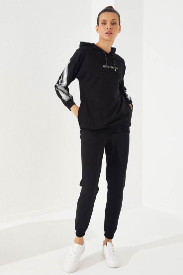 Women's Hooded Jogger Black Tracksuit - 95260 - Thumbnail
