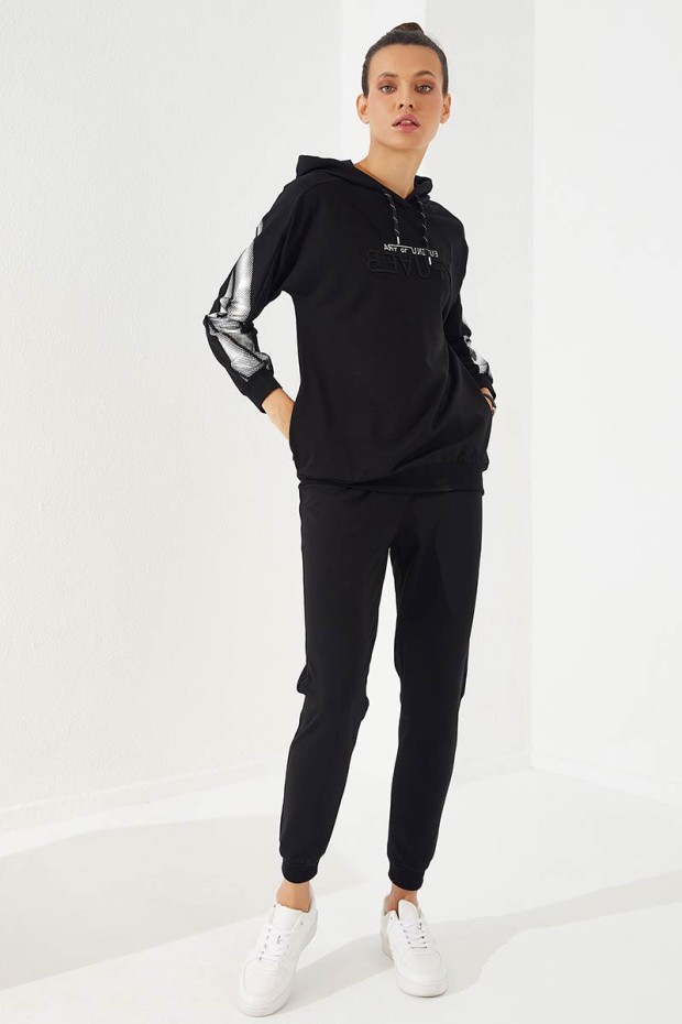 Women's Hooded Jogger Black Tracksuit - 95260