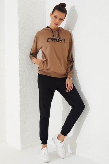 Women's Hooded Jogger Earthlike-Black Tracksuit - 95260 - Thumbnail