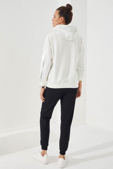 Women's Hooded Jogger Ecru-Black Tracksuit - 95260 - Thumbnail