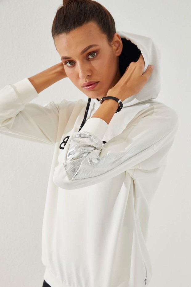 Women's Hooded Jogger Ecru-Black Tracksuit - 95260