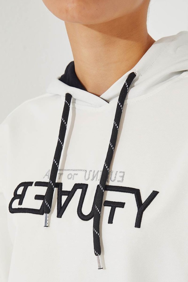 Women's Hooded Jogger Ecru-Black Tracksuit - 95260