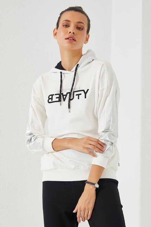 Women's Hooded Jogger Ecru-Black Tracksuit - 95260