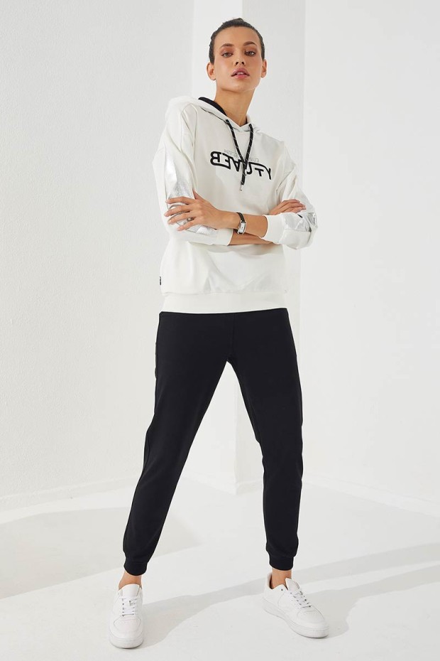Women's Hooded Jogger Ecru-Black Tracksuit - 95260
