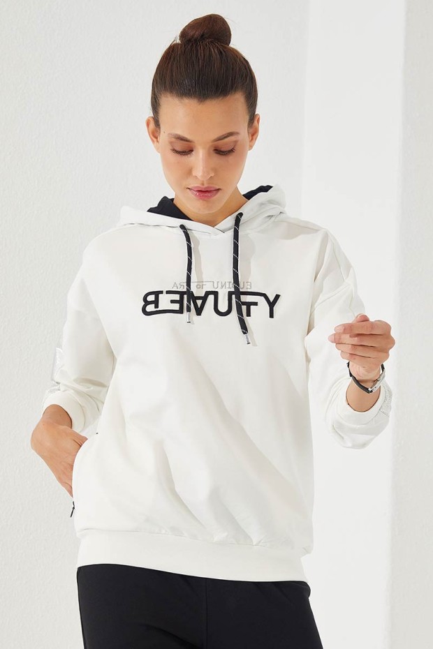 Women's Hooded Jogger Ecru-Black Tracksuit - 95260