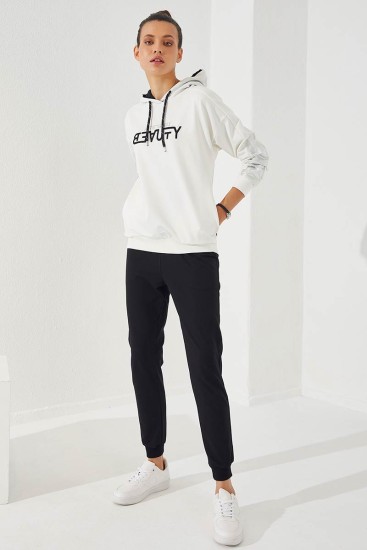 Women's Hooded Jogger Ecru-Black Tracksuit - 95260 - Thumbnail