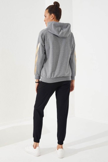 Women's Hooded Jogger Grey Melange-Black Tracksuit - 95260 - Thumbnail