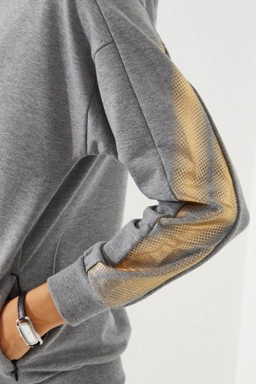 Women's Hooded Jogger Grey Melange-Black Tracksuit - 95260 - Thumbnail