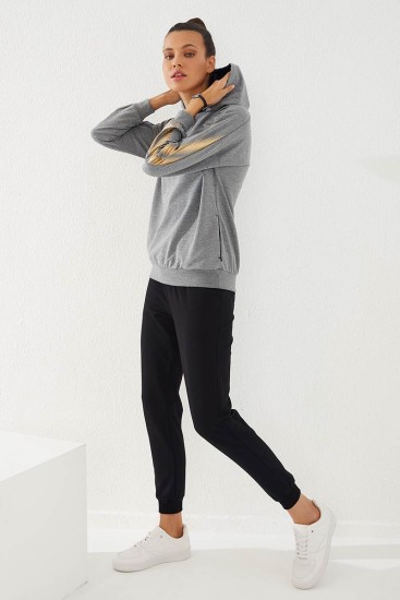 Women's Hooded Jogger Grey Melange-Black Tracksuit - 95260 - Thumbnail