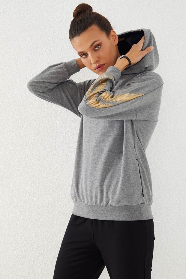 Women's Hooded Jogger Grey Melange-Black Tracksuit - 95260