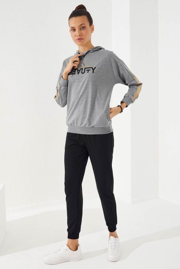 Women's Hooded Jogger Grey Melange-Black Tracksuit - 95260 - Thumbnail