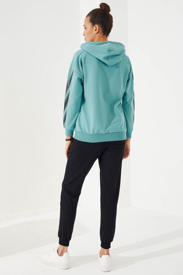 Women's Hooded Jogger Mint Green-Black Tracksuit - 95260