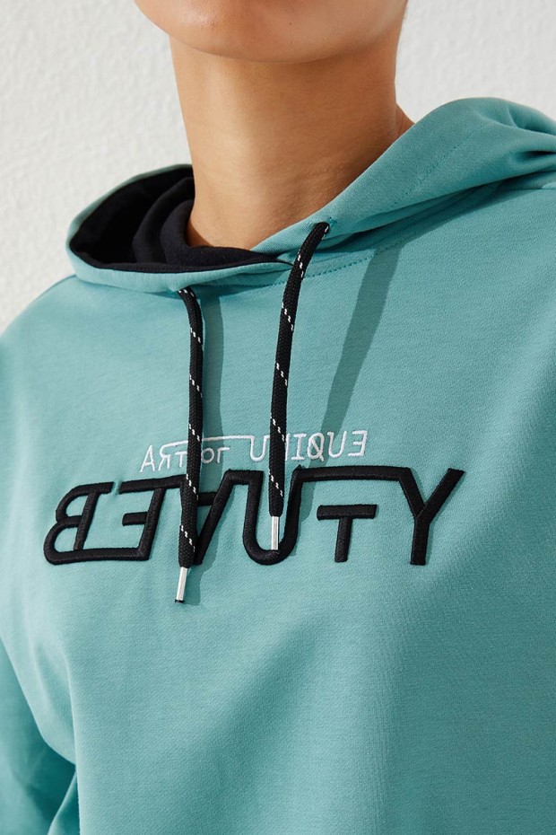 Women's Hooded Jogger Mint Green-Black Tracksuit - 95260