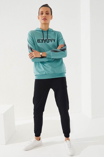 Women's Hooded Jogger Mint Green-Black Tracksuit - 95260 - Thumbnail