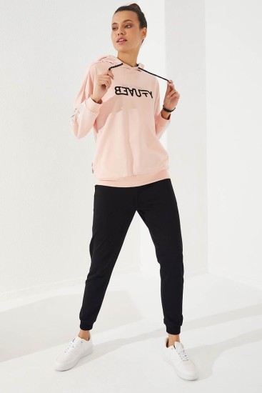 Women's Hooded Jogger Pink-Blue Tracksuit - 95260 - Thumbnail