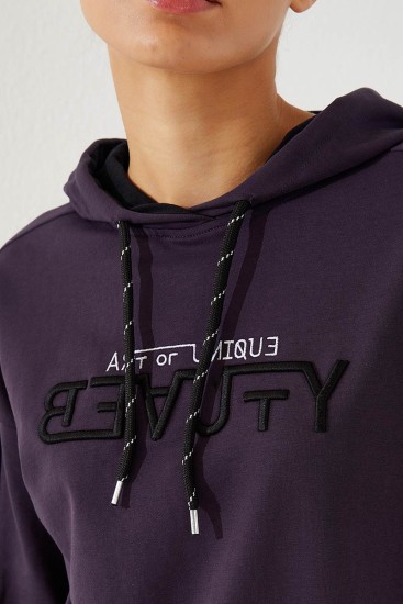 Women's Hooded Jogger Purple-Black Tracksuit - 95260 - Thumbnail