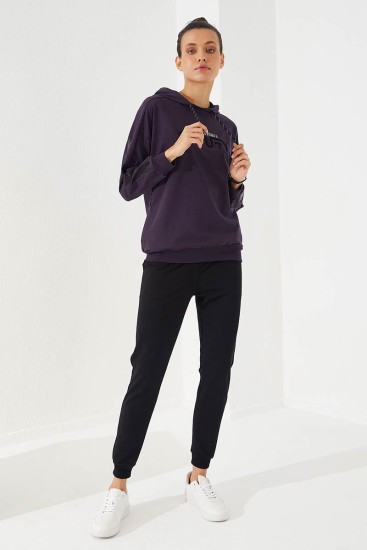 Women's Hooded Jogger Purple-Black Tracksuit - 95260 - Thumbnail