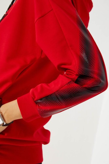 Women's Hooded Jogger Red-Black Tracksuit - 95260 - Thumbnail