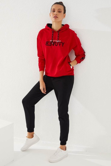 Women's Hooded Jogger Red-Black Tracksuit - 95260 - Thumbnail