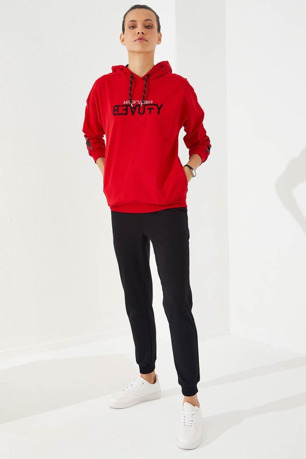 Women's Hooded Jogger Red-Black Tracksuit - 95260