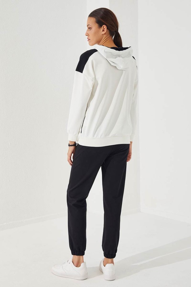 Women's Hooded Text Printed Jogger Ecru-Black Tracksuit - 95266