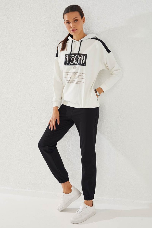 Women's Hooded Text Printed Jogger Ecru-Black Tracksuit - 95266