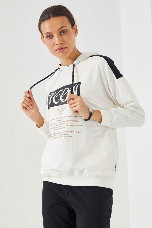 Women's Hooded Text Printed Jogger Ecru-Black Tracksuit - 95266