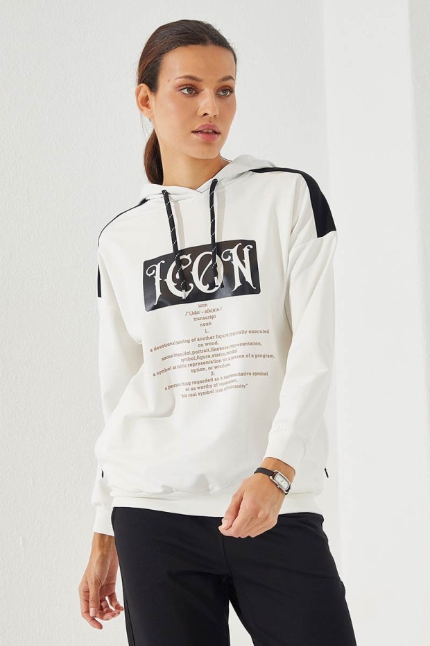 Women's Hooded Text Printed Jogger Ecru-Black Tracksuit - 95266