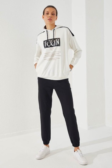 Women's Hooded Text Printed Jogger Ecru-Black Tracksuit - 95266 - Thumbnail
