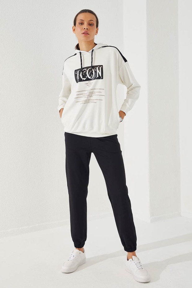 Women's Hooded Text Printed Jogger Ecru-Black Tracksuit - 95266