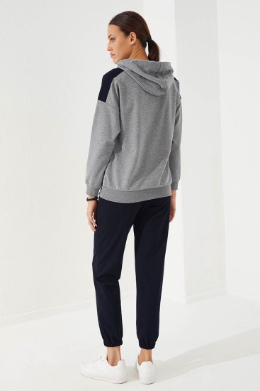 Women's Hooded Text Printed Jogger Grey Melange-Navy Blue Tracksuit - 95266 - Thumbnail