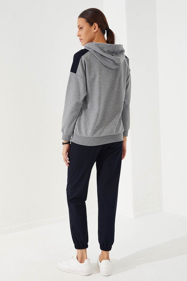 Women's Hooded Text Printed Jogger Grey Melange-Navy Blue Tracksuit - 95266