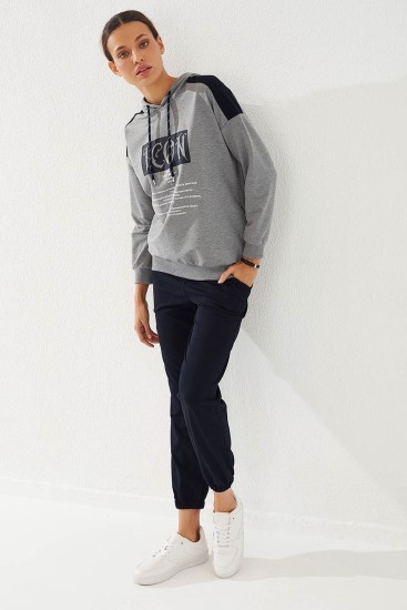 Women's Hooded Text Printed Jogger Grey Melange-Navy Blue Tracksuit - 95266 - Thumbnail