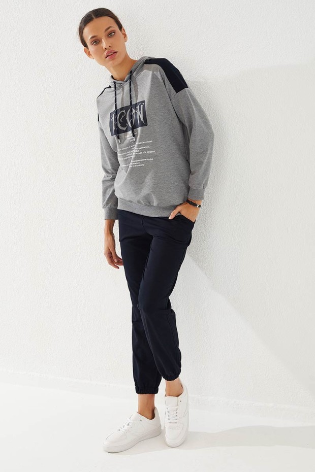 Women's Hooded Text Printed Jogger Grey Melange-Navy Blue Tracksuit - 95266