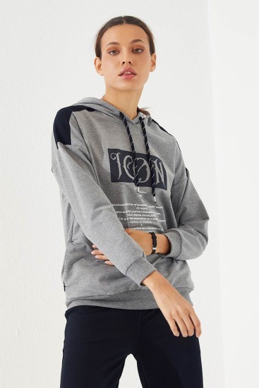 Women's Hooded Text Printed Jogger Grey Melange-Navy Blue Tracksuit - 95266 - Thumbnail