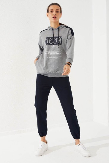 Women's Hooded Text Printed Jogger Grey Melange-Navy Blue Tracksuit - 95266 - Thumbnail