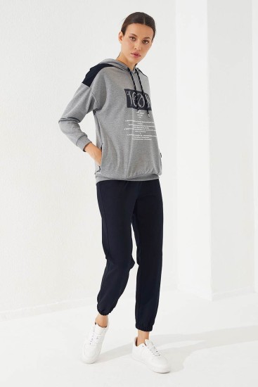 Women's Hooded Text Printed Jogger Grey Melange-Navy Blue Tracksuit - 95266 - Thumbnail