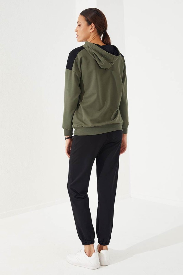 Women's Hooded Text Printed Jogger Khaki-Black Tracksuit - 95266