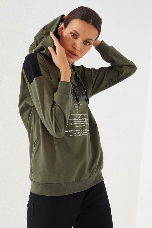 Women's Hooded Text Printed Jogger Khaki-Black Tracksuit - 95266